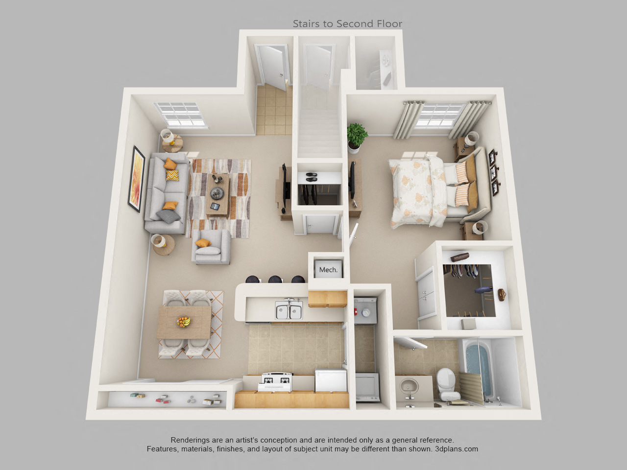 Floor plan for 1 bed, 1 bath, 837 sqft